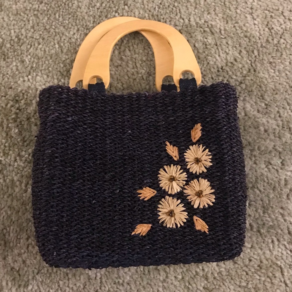 Navy Blue Wicker/Straw Purse with Floral Detail